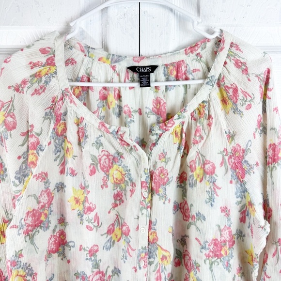 Chaps Cream 3/4 Sleeve Lighweight Boho Relaxed Buttoned Floral Pullover Blouse - Picture 7 of 9
